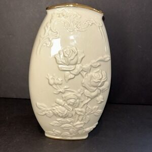 Lenox Masterpiece Embossed Roses Ivory Porcelain Vase With 24K Gold Trim